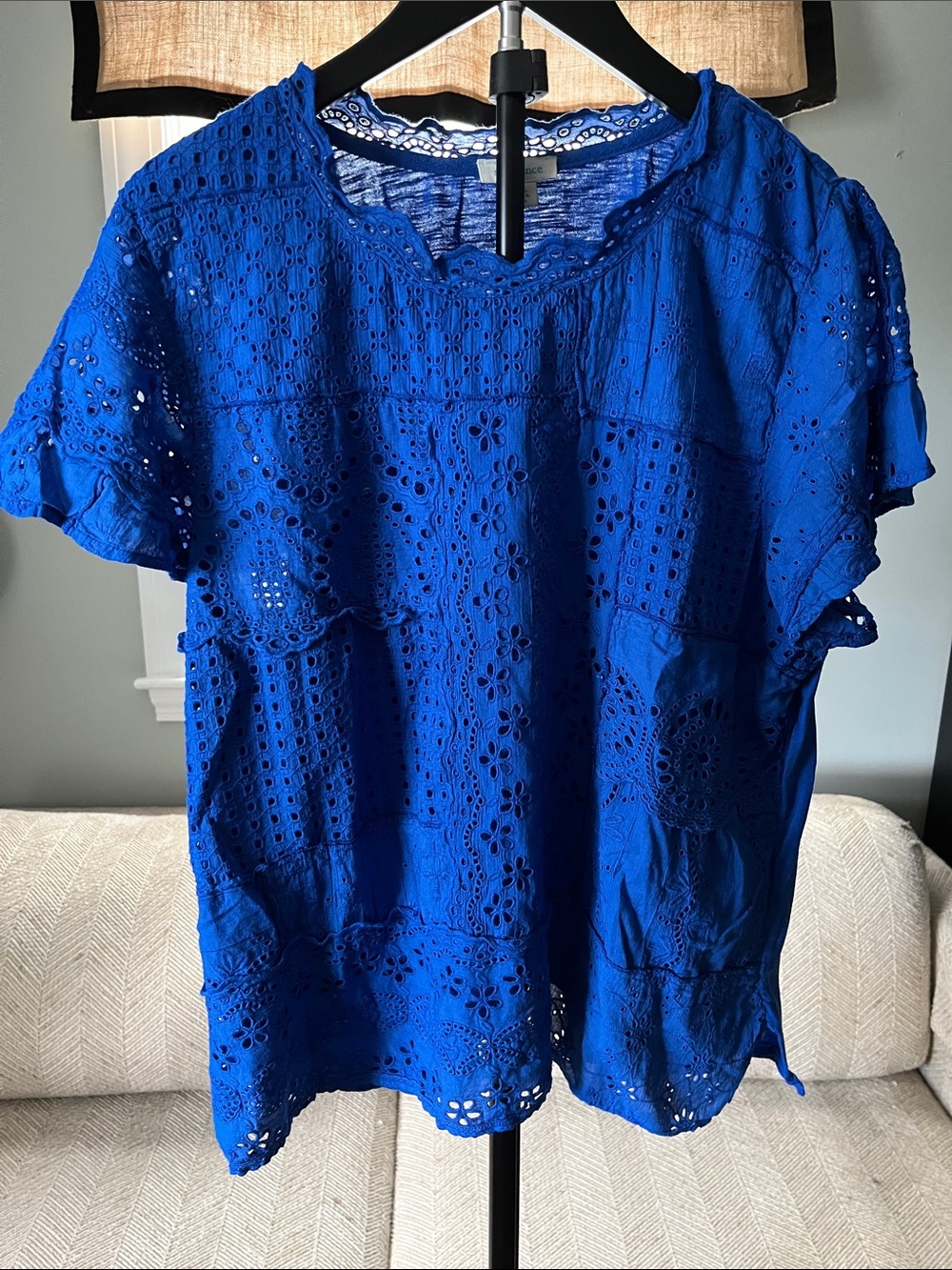 Women's Eyelet Crochet Short Sleeve Top - Royal Blue